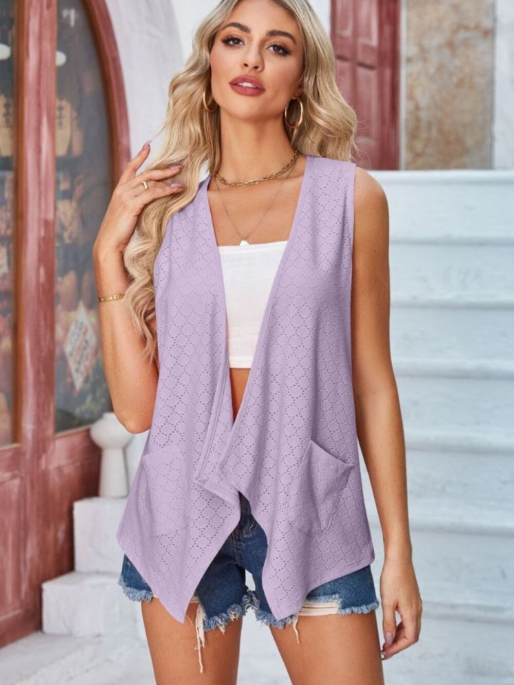 Lilac Purple Eyelet Open Front Sleeveless Cardigan